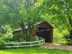 covered bridge and white fence in green woods