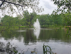 lake with fountain